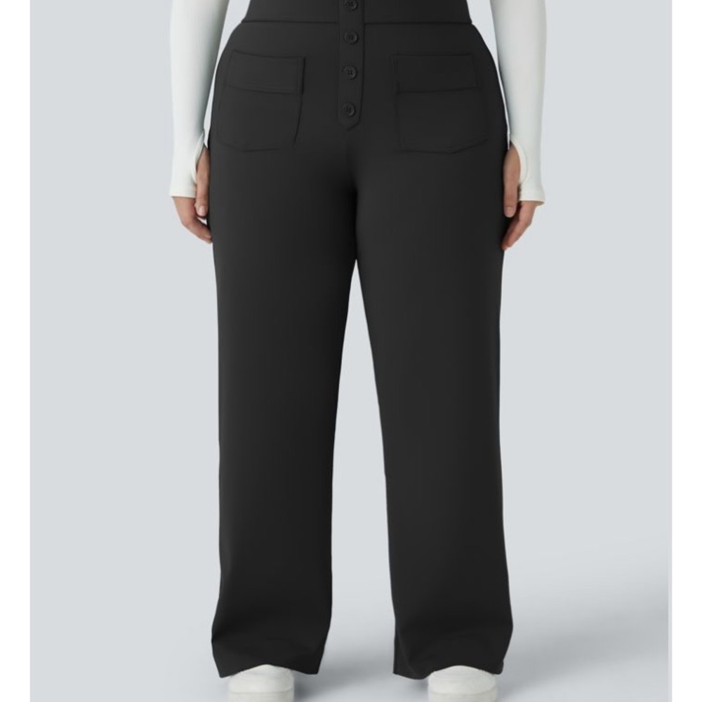 2 Pairs High-Waist Straight Wide-Leg Black Pants with Front Patch Pockets